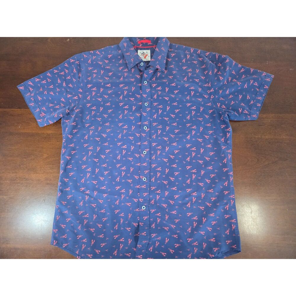 Marti Kat Novelty Lobster Print Short Sleeve Button Down Shirt Blue Pink Men XL